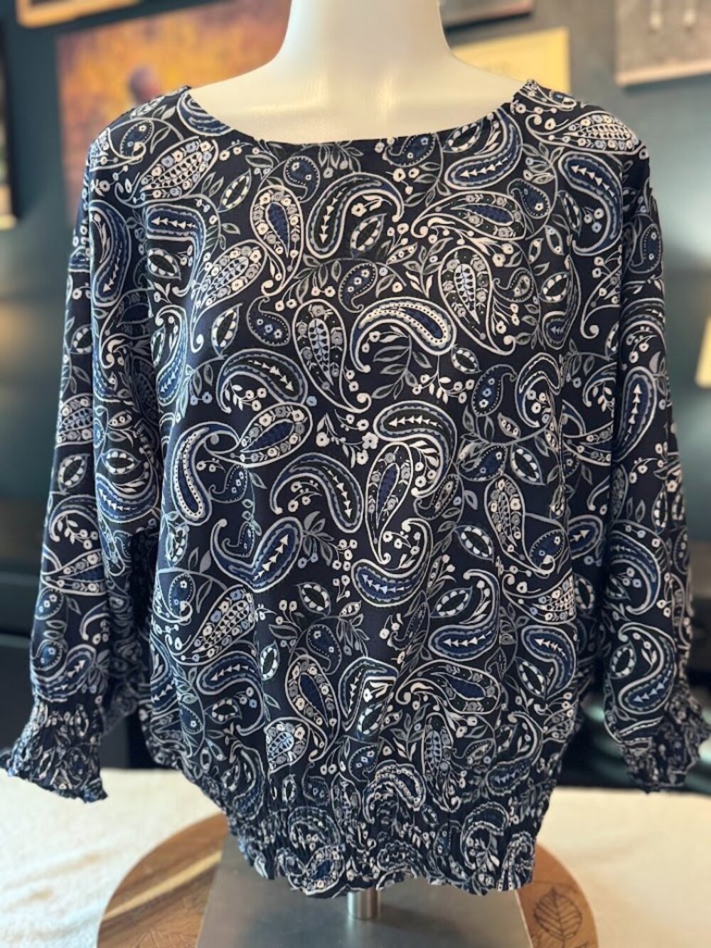 Ann Taylor Factory Petite Large Navy Paisley Smocked Hem Blouse LP